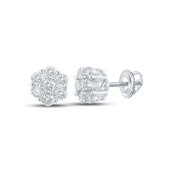 10k White Gold Round Diamond Flower Cluster Earrings 1/2 Cttw