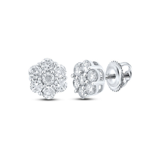 10k White Gold Round Diamond Flower Cluster Earrings 1 Cttw