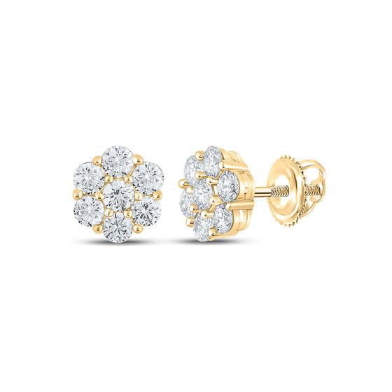 14k Yellow Gold Round Diamond Flower Cluster Earrings 1-1/2 Cttw