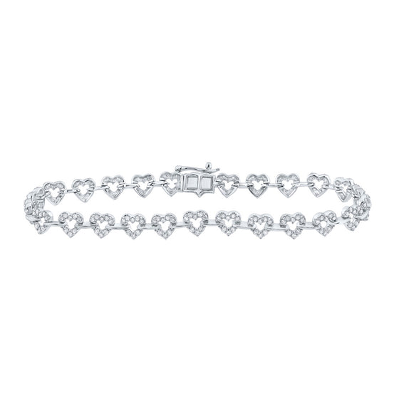 10k White Gold Womens Round Diamond Heart Fashion Bracelet 1-3/8 Cttw