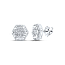  Sterling Silver Womens Round Diamond Hexagon Cluster Earrings 1/6 Cttw