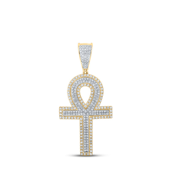10k Two-tone Gold Mens Round Diamond Ankh Cross Charm Pendant 7/8 Cttw