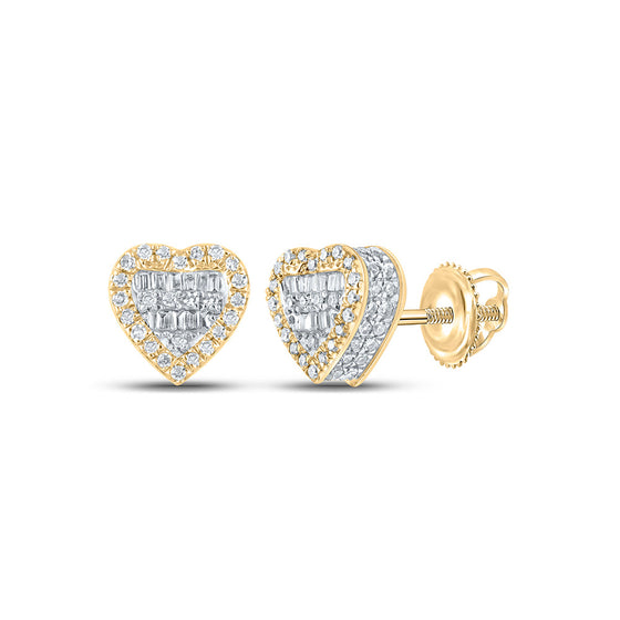 10k Yellow Gold Baguette Diamond Heart Earrings 3/8 Cttw