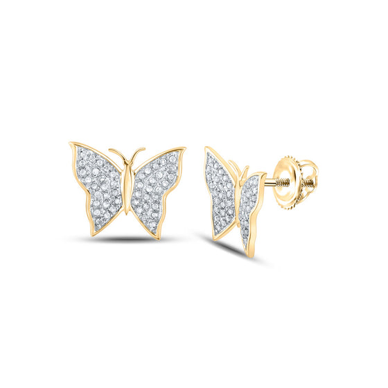 10k Yellow Gold Womens Round Diamond Butterfly Bug Earrings 1/4 Cttw