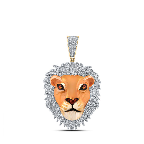 10k Yellow Gold Mens Round Diamond Lion Face Animal Charm Pendant 1 Cttw