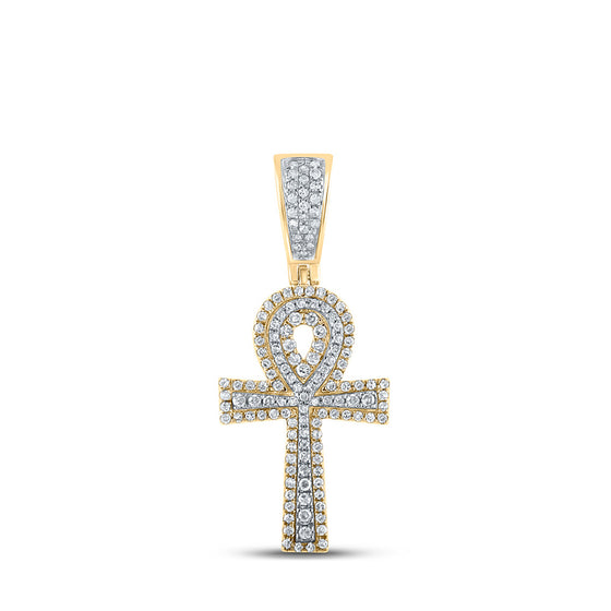 10k Two-tone Gold Mens Round Diamond Ankh Cross Charm Pendant 1/2 Cttw