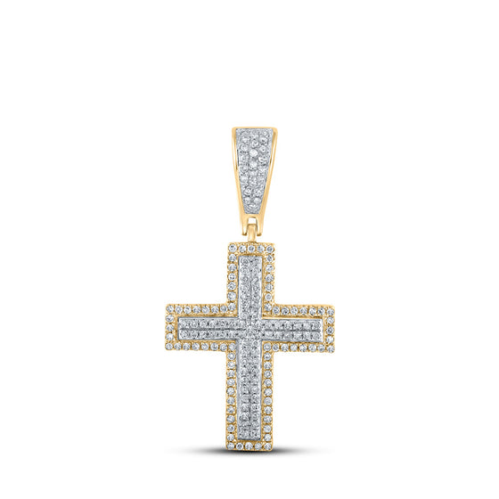 10k Two-tone Gold Mens Round Diamond Cross Charm Pendant 3/8 Cttw