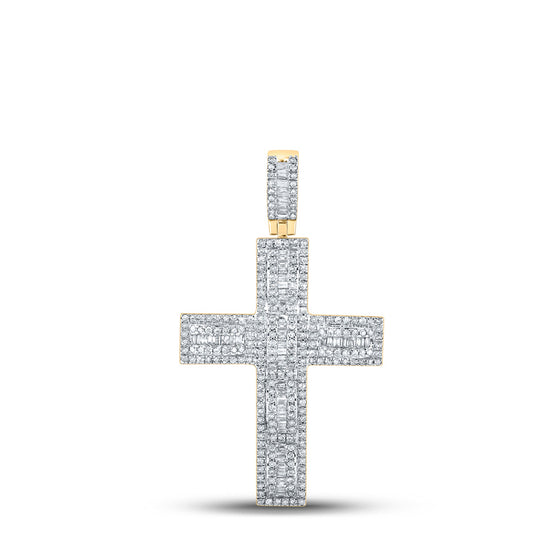 10k Yellow Gold Mens Baguette Diamond Cross Charm Pendant 7/8 Cttw