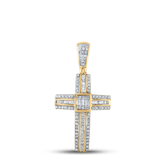 10k Yellow Gold Mens Baguette Diamond Cross Charm Pendant 1/2 Cttw
