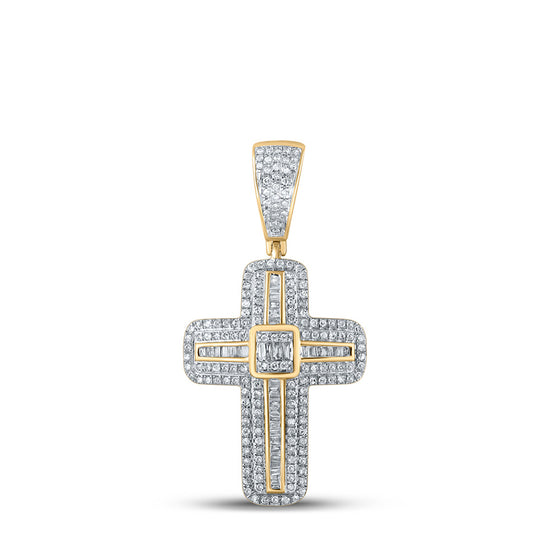 10k Yellow Gold Mens Baguette Diamond Cross Charm Pendant 5/8 Cttw