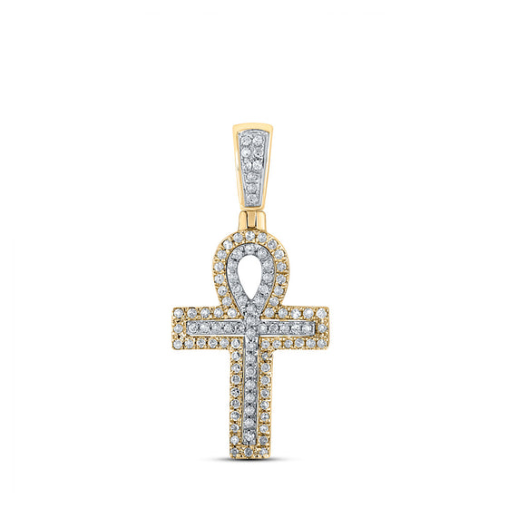 10k Two-tone Gold Mens Round Diamond Ankh Cross Charm Pendant 1/4 Cttw
