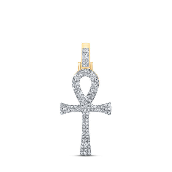 10k Yellow Gold Mens Round Diamond Ankh Cross Charm Pendant 1/3 Cttw