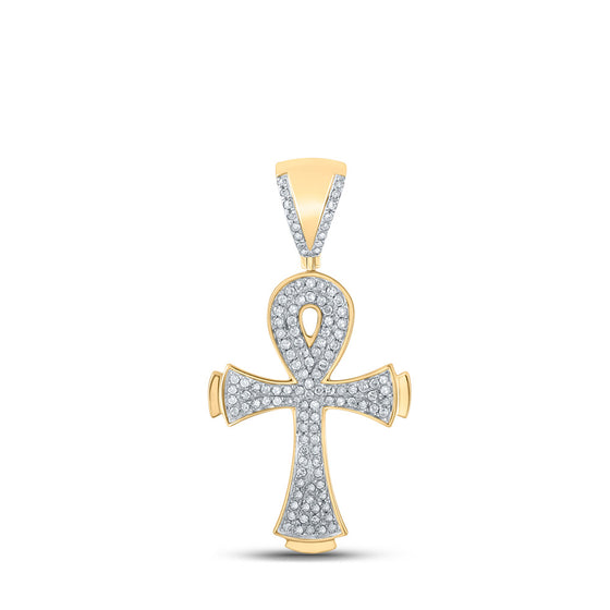 10k Yellow Gold Mens Round Diamond Ankh Cross Charm Pendant 1/3 Cttw