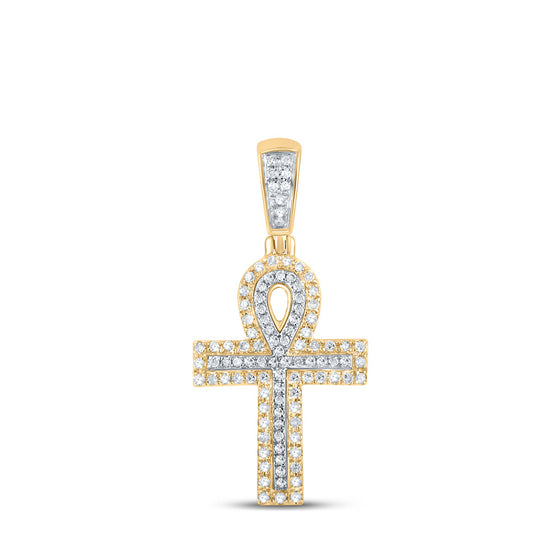 10k Two-tone Gold Mens Round Diamond Ankh Cross Charm Pendant 1/4 Cttw