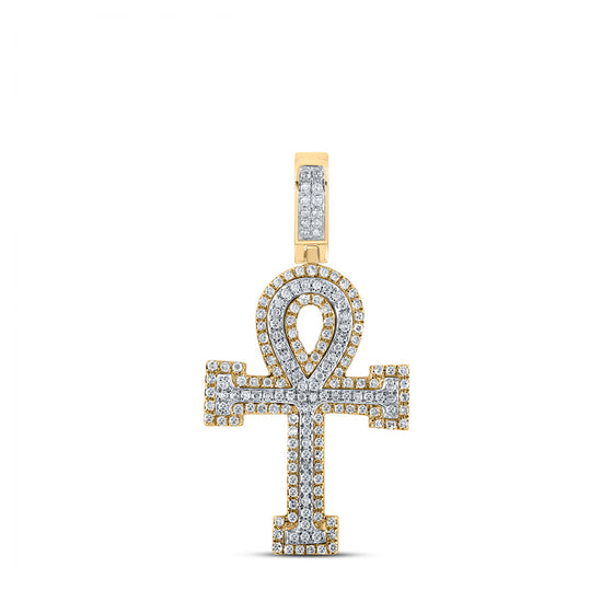 10k Two-tone Gold Mens Round Diamond Ankh Cross Charm Pendant 1/2 Cttw