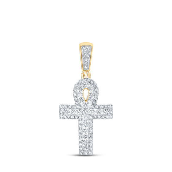 10k Yellow Gold Mens Round Diamond Ankh Cross Charm Pendant 1/2 Cttw