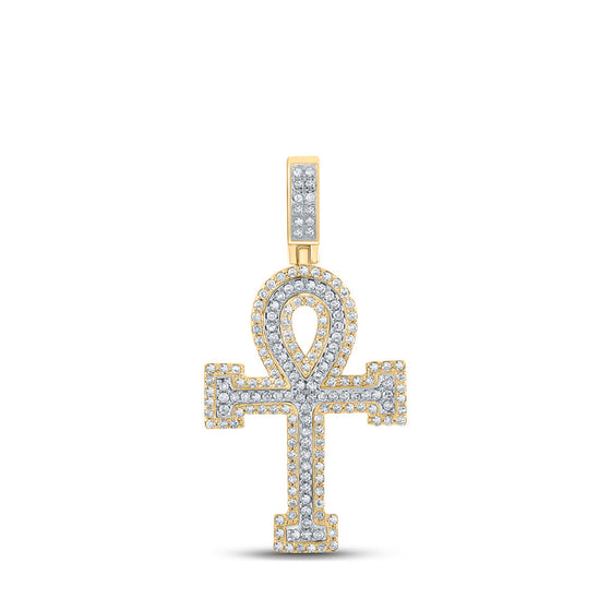 10k Two-tone Gold Mens Round Diamond Ankh Cross Charm Pendant 7/8 Cttw