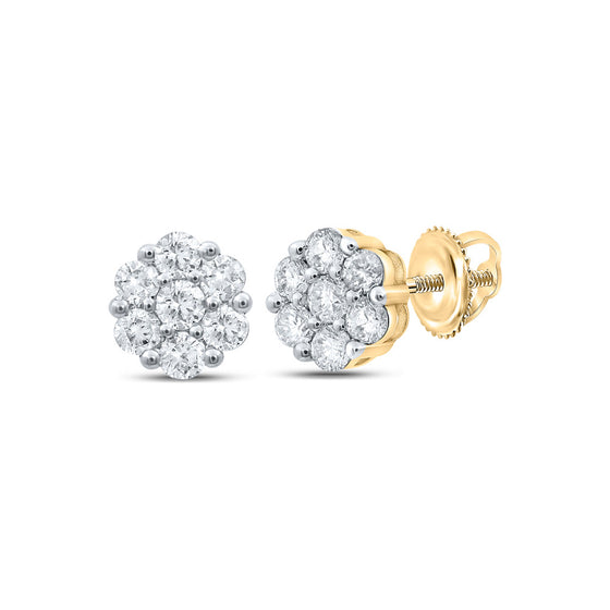 14k Yellow Gold Womens Round Diamond Flower Cluster Earrings 1 Cttw