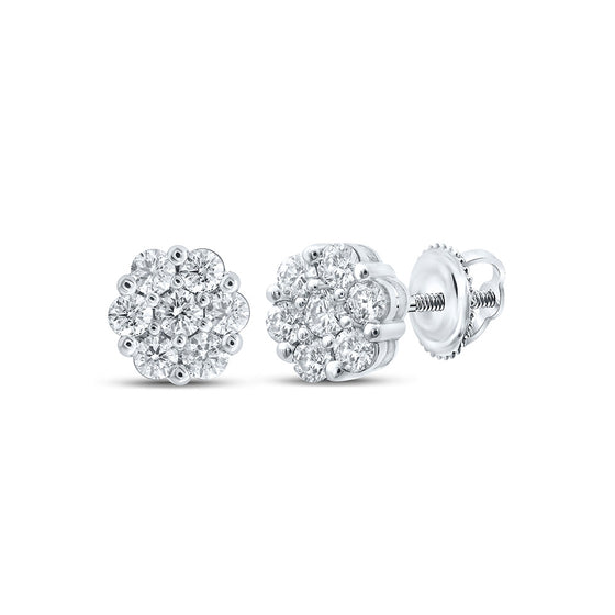 14k White Gold Womens Round Diamond Flower Cluster Earrings 1-1/5 Cttw