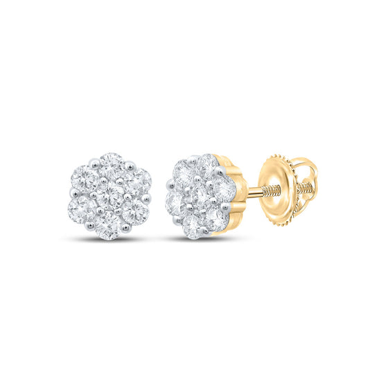 14k Yellow Gold Womens Round Diamond Flower Cluster Earrings 1-3/4 Cttw