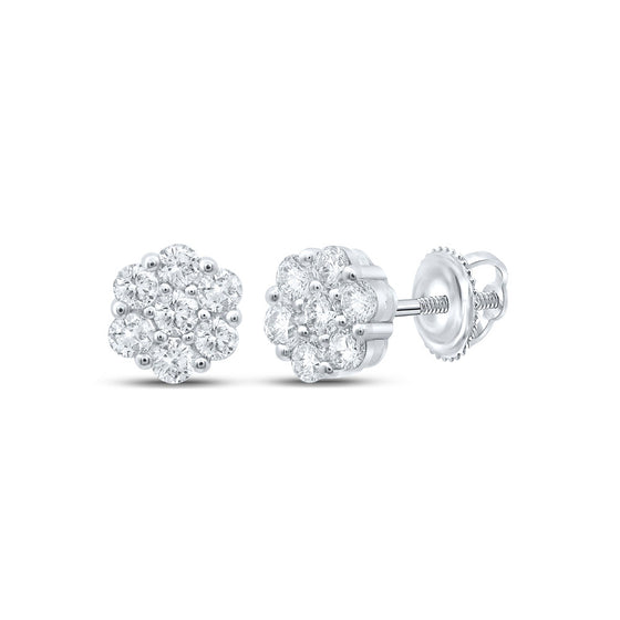 14k White Gold Womens Round Diamond Flower Cluster Earrings 1-3/4 Cttw