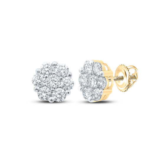 14k Yellow Gold Womens Round Diamond Flower Cluster Earrings 2 Cttw