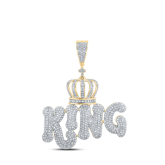 10k Yellow Gold Mens Round Diamond King Crown Phrase Charm Pendant 2-3/8 Cttw