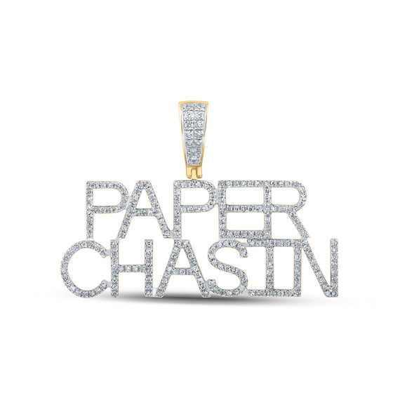 10k Yellow Gold Mens Round Diamond Paper Chasin Phrase Charm Pendant 5/8 Cttw