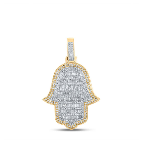 10k Yellow Gold Mens Baguette Diamond Hamsa Charm Pendant 1-5/8 Cttw