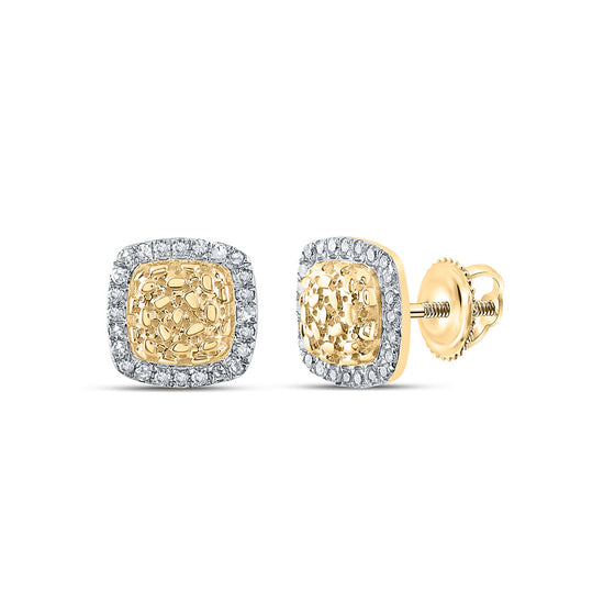 10k Yellow Gold Womens Round Diamond Nugget Square Earrings 1/8 Cttw