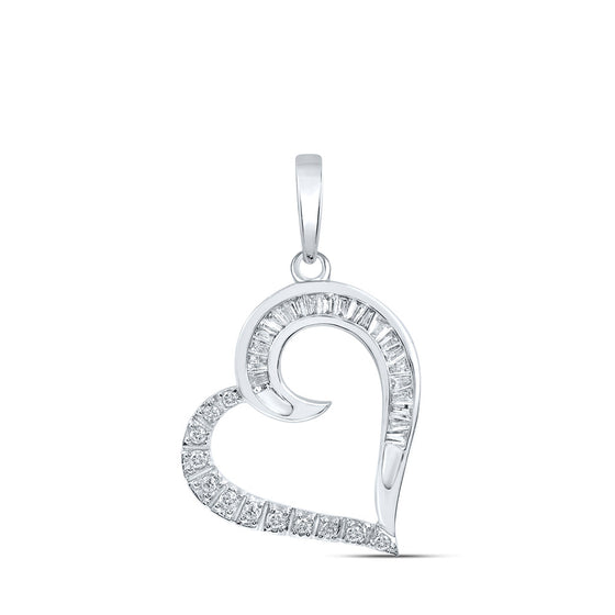 10k White Gold Womens Baguette Diamond Heart Pendant 1/6 Cttw
