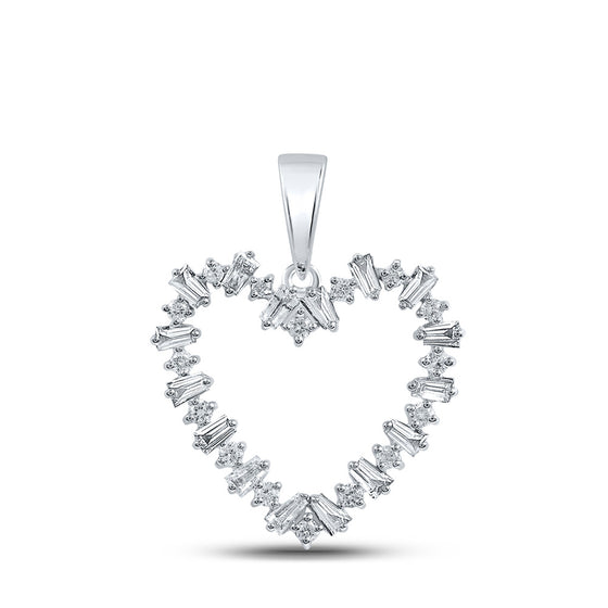 10k White Gold Womens Baguette Diamond Heart Pendant 1/3 Cttw