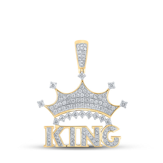10k Yellow Gold Mens Round Diamond King Crown Phrase Charm Pendant 7/8 Cttw