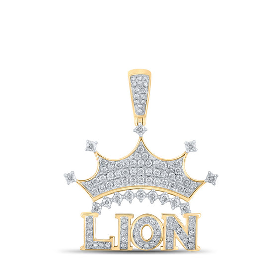 10k Yellow Gold Mens Round Diamond Lion Crown Phrase Charm Pendant 7/8 Cttw