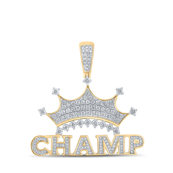 10k Yellow Gold Mens Round Diamond Champ Crown Phrase Charm Pendant 1-1/4 Cttw