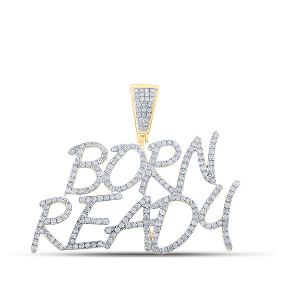 10k Yellow Gold Mens Round Diamond Born Ready Phrase Charm Pendant 1-1/3 Cttw