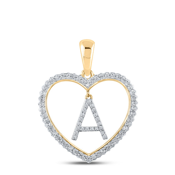 10k Yellow Gold Womens Round Diamond Heart A Letter Pendant 1/4 Cttw