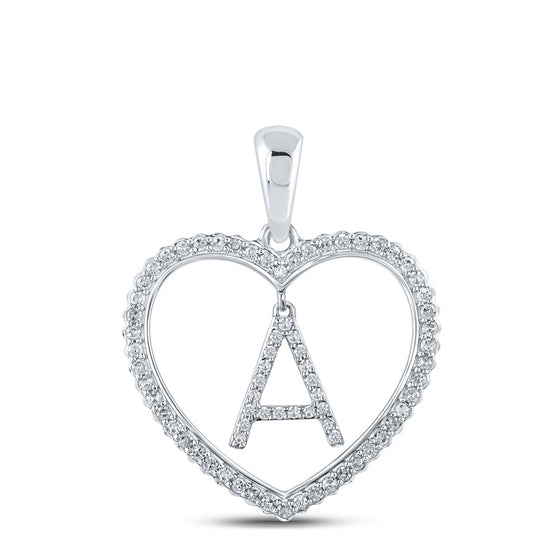 10k White Gold Womens Round Diamond Heart A Letter Pendant 1/4 Cttw
