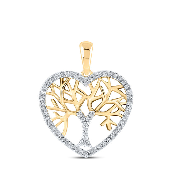 10k Yellow Gold Womens Round Diamond Tree of Life Heart Pendant 1/4 Cttw