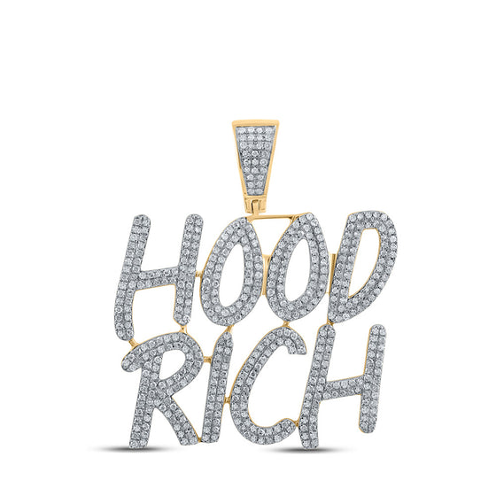 10k Yellow Gold Mens Round Diamond Hood Rich Phrase Charm Pendant 1-1/4 Cttw