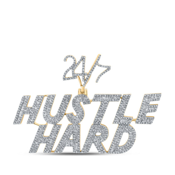10k Yellow Gold Mens Baguette Diamond Hustle Hard 24 7 Phrase Charm Pendant 2-5/8 Cttw