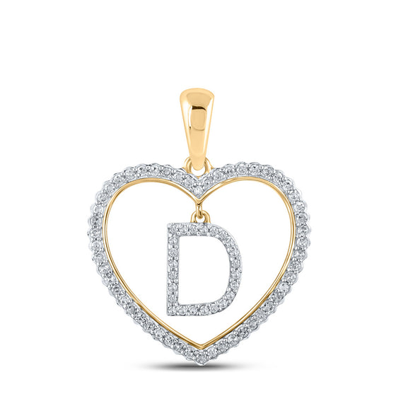 10k Yellow Gold Womens Round Diamond Heart D Letter Pendant 1/4 Cttw
