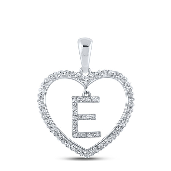 10k White Gold Womens Round Diamond Heart E Letter Pendant 1/4 Cttw