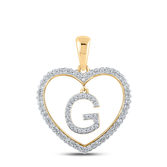 10k Yellow Gold Womens Round Diamond Heart G Letter Pendant 1/4 Cttw