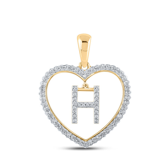 10k Yellow Gold Womens Round Diamond Heart H Letter Pendant 1/4 Cttw