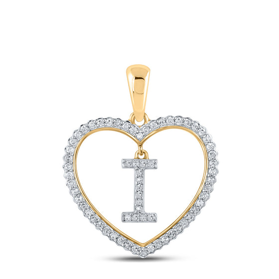 10k Yellow Gold Womens Round Diamond Heart I Letter Pendant 1/4 Cttw