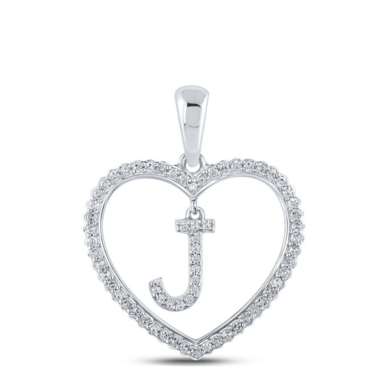 10k White Gold Womens Round Diamond Heart J Letter Pendant 1/4 Cttw