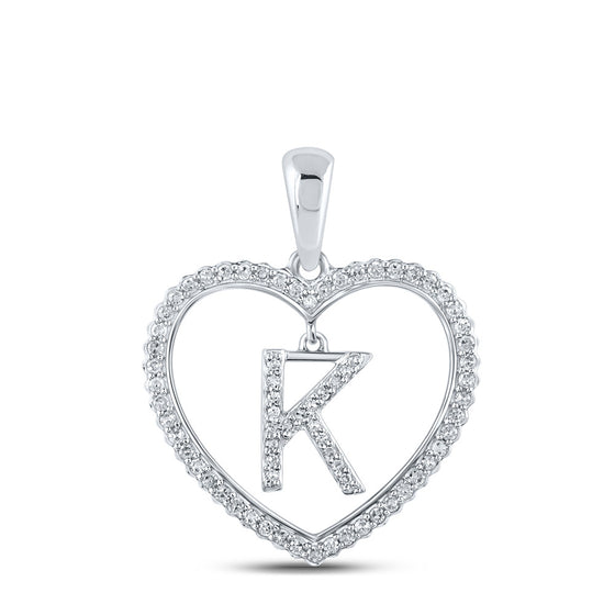 10k White Gold Womens Round Diamond Heart K Letter Pendant 1/4 Cttw