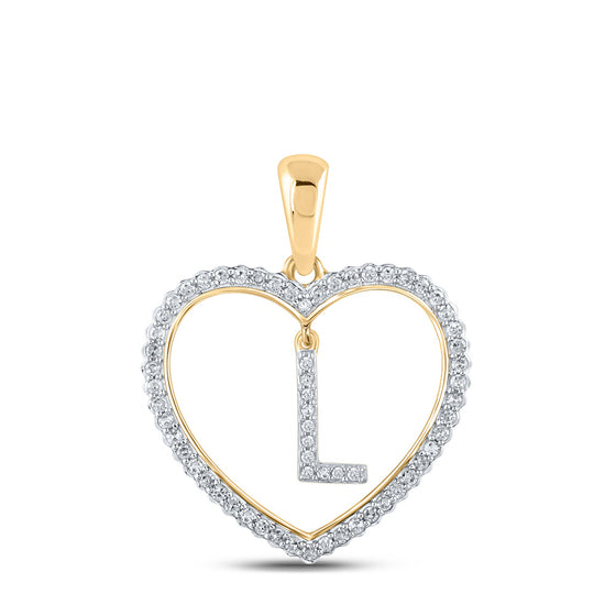 10k Yellow Gold Womens Round Diamond Heart L Letter Pendant 1/4 Cttw
