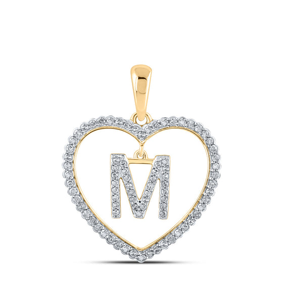 10k Yellow Gold Womens Round Diamond Heart M Letter Pendant 1/4 Cttw